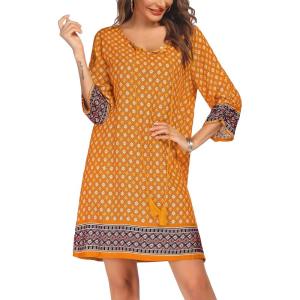 imageZeagoo Womens Boho Dresses Casual Beach Summer Dress Tassel Tie Neck 34 Long Sleeve Mini Sundress 2025 Floral Print Cover UpYellow