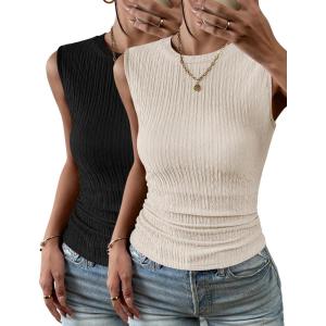 imageZeagoo Womens High Neck Tank Top 2025 Summer Casual Ribbed Knit Slim Fitted Basic Textured Sleeveless Shirts2 Pack Beige  Black
