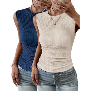 imageZeagoo Womens High Neck Tank Top 2025 Summer Casual Ribbed Knit Slim Fitted Basic Textured Sleeveless Shirts2 Pack Blue  Beige
