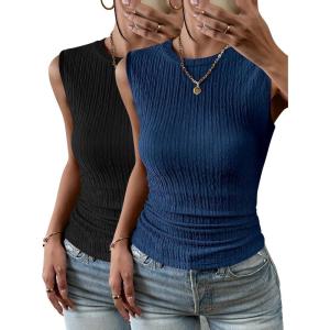 imageZeagoo Womens High Neck Tank Top 2025 Summer Casual Ribbed Knit Slim Fitted Basic Textured Sleeveless Shirts2 Pack Blue  Black