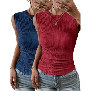 imageZeagoo Womens High Neck Tank Top 2025 Summer Casual Ribbed Knit Slim Fitted Basic Textured Sleeveless Shirts2 Pack Blue  Red