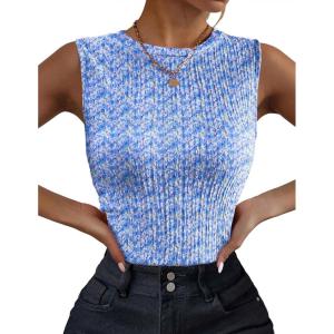 imageZeagoo Womens High Neck Tank Top 2025 Summer Casual Ribbed Knit Slim Fitted Basic Textured Sleeveless ShirtsAfloral Blue