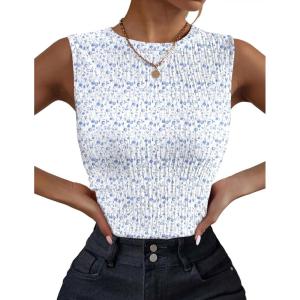 imageZeagoo Womens High Neck Tank Top 2025 Summer Casual Ribbed Knit Slim Fitted Basic Textured Sleeveless ShirtsAfloral Light Blue
