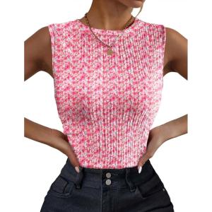 imageZeagoo Womens High Neck Tank Top 2025 Summer Casual Ribbed Knit Slim Fitted Basic Textured Sleeveless ShirtsAfloral Pink