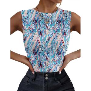 imageZeagoo Womens High Neck Tank Top 2025 Summer Casual Ribbed Knit Slim Fitted Basic Textured Sleeveless ShirtsAfloral Sky Blue
