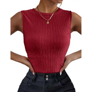 imageZeagoo Womens High Neck Tank Top 2025 Summer Casual Ribbed Knit Slim Fitted Basic Textured Sleeveless ShirtsZred