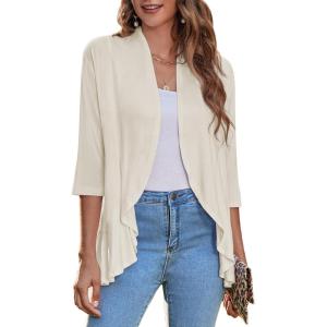imageZeagoo Womens Open Front Cardigan 34 Sleeve Draped Ruffles Soft Knit Sweaters S3XLBeige