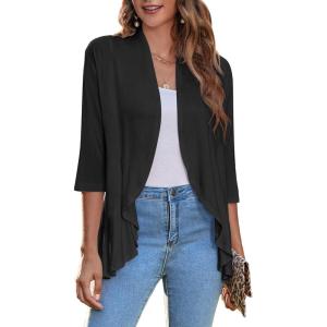 imageZeagoo Womens Open Front Cardigan 34 Sleeve Draped Ruffles Soft Knit Sweaters S3XLBlack