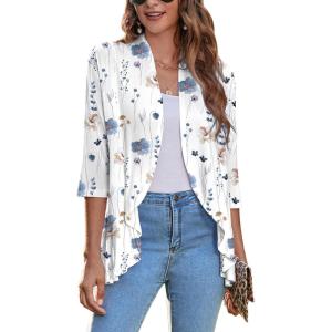 imageZeagoo Womens Open Front Cardigan 34 Sleeve Draped Ruffles Soft Knit Sweaters S3XLBlue Flower