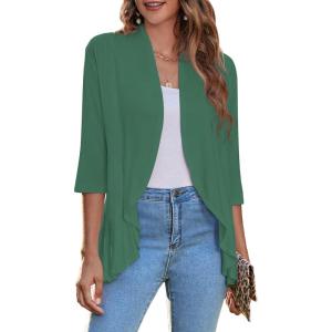 imageZeagoo Womens Open Front Cardigan 34 Sleeve Draped Ruffles Soft Knit Sweaters S3XLDark Green