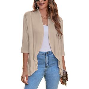 imageZeagoo Womens Open Front Cardigan 34 Sleeve Draped Ruffles Soft Knit Sweaters S3XLKhaki