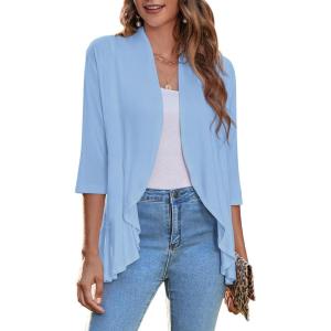 imageZeagoo Womens Open Front Cardigan 34 Sleeve Draped Ruffles Soft Knit Sweaters S3XLLight Blue