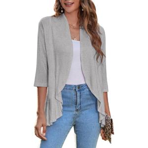 imageZeagoo Womens Open Front Cardigan 34 Sleeve Draped Ruffles Soft Knit Sweaters S3XLLight Grey