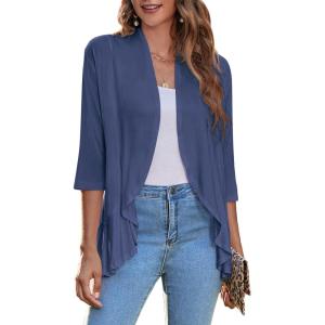 imageZeagoo Womens Open Front Cardigan 34 Sleeve Draped Ruffles Soft Knit Sweaters S3XLNavy Blue