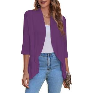 imageZeagoo Womens Open Front Cardigan 34 Sleeve Draped Ruffles Soft Knit Sweaters S3XLPpurple
