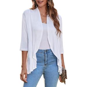 imageZeagoo Womens Open Front Cardigan 34 Sleeve Draped Ruffles Soft Knit Sweaters S3XLWhite