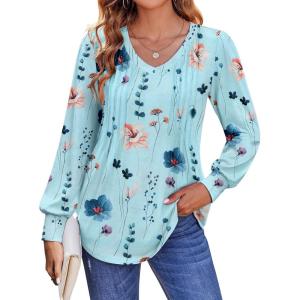 imageZeagoo Womens Puff Long Sleeve Shirts Pleated V Neck Fall Tunic Tops Blouse Dressy Casual Loose Summer TShirtsBf139