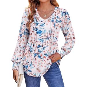 imageZeagoo Womens Puff Long Sleeve Shirts Pleated V Neck Fall Tunic Tops Blouse Dressy Casual Loose Summer TShirtsBf182