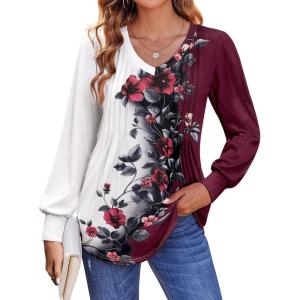 imageZeagoo Womens Puff Long Sleeve Shirts Pleated V Neck Fall Tunic Tops Blouse Dressy Casual Loose Summer TShirtsBf183
