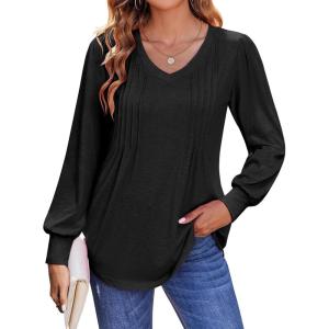 imageZeagoo Womens Puff Long Sleeve Shirts Pleated V Neck Fall Tunic Tops Blouse Dressy Casual Loose Summer TShirtsBlack