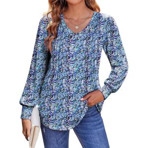 imageZeagoo Womens Puff Long Sleeve Shirts Pleated V Neck Fall Tunic Tops Blouse Dressy Casual Loose Summer TShirtsBlue Floral