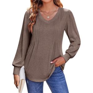 imageZeagoo Womens Puff Long Sleeve Shirts Pleated V Neck Fall Tunic Tops Blouse Dressy Casual Loose Summer TShirtsBrown