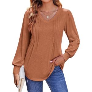 imageZeagoo Womens Puff Long Sleeve Shirts Pleated V Neck Fall Tunic Tops Blouse Dressy Casual Loose Summer TShirtsCaramel