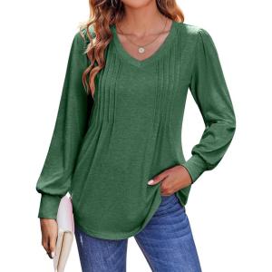 imageZeagoo Womens Puff Long Sleeve Shirts Pleated V Neck Fall Tunic Tops Blouse Dressy Casual Loose Summer TShirtsDark Green