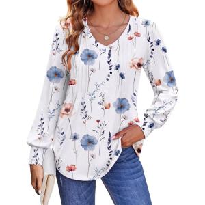 imageZeagoo Womens Puff Long Sleeve Shirts Pleated V Neck Fall Tunic Tops Blouse Dressy Casual Loose Summer TShirtsDh6