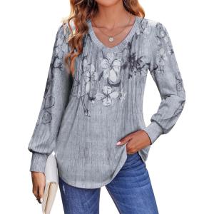 imageZeagoo Womens Puff Long Sleeve Shirts Pleated V Neck Fall Tunic Tops Blouse Dressy Casual Loose Summer TShirtsDh62