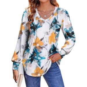 imageZeagoo Womens Puff Long Sleeve Shirts Pleated V Neck Fall Tunic Tops Blouse Dressy Casual Loose Summer TShirtsDh637