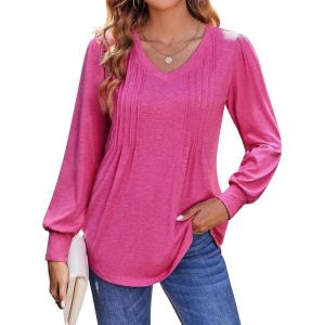 imageZeagoo Womens Puff Long Sleeve Shirts Pleated V Neck Fall Tunic Tops Blouse Dressy Casual Loose Summer TShirtsHot Pink