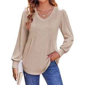 imageZeagoo Womens Puff Long Sleeve Shirts Pleated V Neck Fall Tunic Tops Blouse Dressy Casual Loose Summer TShirtsKhaki