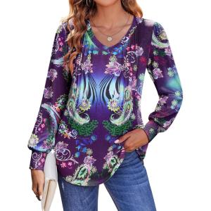 imageZeagoo Womens Puff Long Sleeve Shirts Pleated V Neck Fall Tunic Tops Blouse Dressy Casual Loose Summer TShirtsMz711