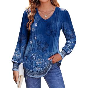 imageZeagoo Womens Puff Long Sleeve Shirts Pleated V Neck Fall Tunic Tops Blouse Dressy Casual Loose Summer TShirtsMz712