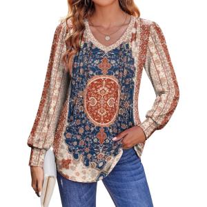 imageZeagoo Womens Puff Long Sleeve Shirts Pleated V Neck Fall Tunic Tops Blouse Dressy Casual Loose Summer TShirtsMz757