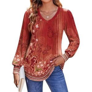 imageZeagoo Womens Puff Long Sleeve Shirts Pleated V Neck Fall Tunic Tops Blouse Dressy Casual Loose Summer TShirtsMz766