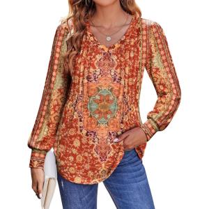 imageZeagoo Womens Puff Long Sleeve Shirts Pleated V Neck Fall Tunic Tops Blouse Dressy Casual Loose Summer TShirtsMz811