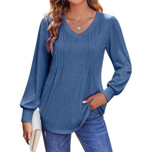 imageZeagoo Womens Puff Long Sleeve Shirts Pleated V Neck Fall Tunic Tops Blouse Dressy Casual Loose Summer TShirtsNavy Blue