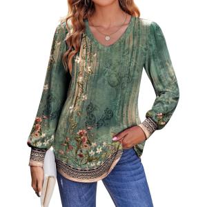 imageZeagoo Womens Puff Long Sleeve Shirts Pleated V Neck Fall Tunic Tops Blouse Dressy Casual Loose Summer TShirtsPa171