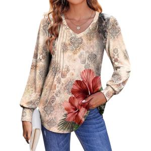 imageZeagoo Womens Puff Long Sleeve Shirts Pleated V Neck Fall Tunic Tops Blouse Dressy Casual Loose Summer TShirtsPa275