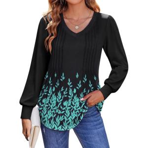 imageZeagoo Womens Puff Long Sleeve Shirts Pleated V Neck Fall Tunic Tops Blouse Dressy Casual Loose Summer TShirtsPa355
