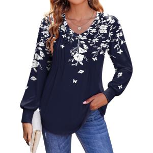 imageZeagoo Womens Puff Long Sleeve Shirts Pleated V Neck Fall Tunic Tops Blouse Dressy Casual Loose Summer TShirtsSf103