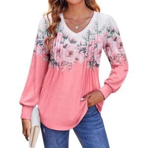 imageZeagoo Womens Puff Long Sleeve Shirts Pleated V Neck Fall Tunic Tops Blouse Dressy Casual Loose Summer TShirtsSf122