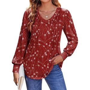 imageZeagoo Womens Puff Long Sleeve Shirts Pleated V Neck Fall Tunic Tops Blouse Dressy Casual Loose Summer TShirtsSf140