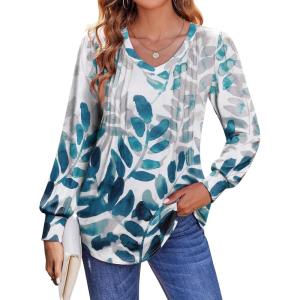imageZeagoo Womens Puff Long Sleeve Shirts Pleated V Neck Fall Tunic Tops Blouse Dressy Casual Loose Summer TShirtsSp25