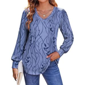 imageZeagoo Womens Puff Long Sleeve Shirts Pleated V Neck Fall Tunic Tops Blouse Dressy Casual Loose Summer TShirtsSp32