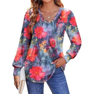 imageZeagoo Womens Puff Long Sleeve Shirts Pleated V Neck Fall Tunic Tops Blouse Dressy Casual Loose Summer TShirtsWf19