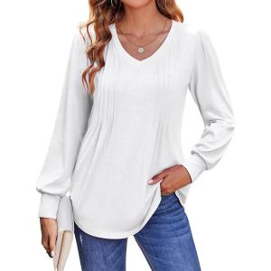 imageZeagoo Womens Puff Long Sleeve Shirts Pleated V Neck Fall Tunic Tops Blouse Dressy Casual Loose Summer TShirtsWhite