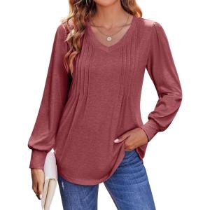 imageZeagoo Womens Puff Long Sleeve Shirts Pleated V Neck Fall Tunic Tops Blouse Dressy Casual Loose Summer TShirtsWine Red
